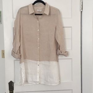 Beige and White Linen Button Up Top